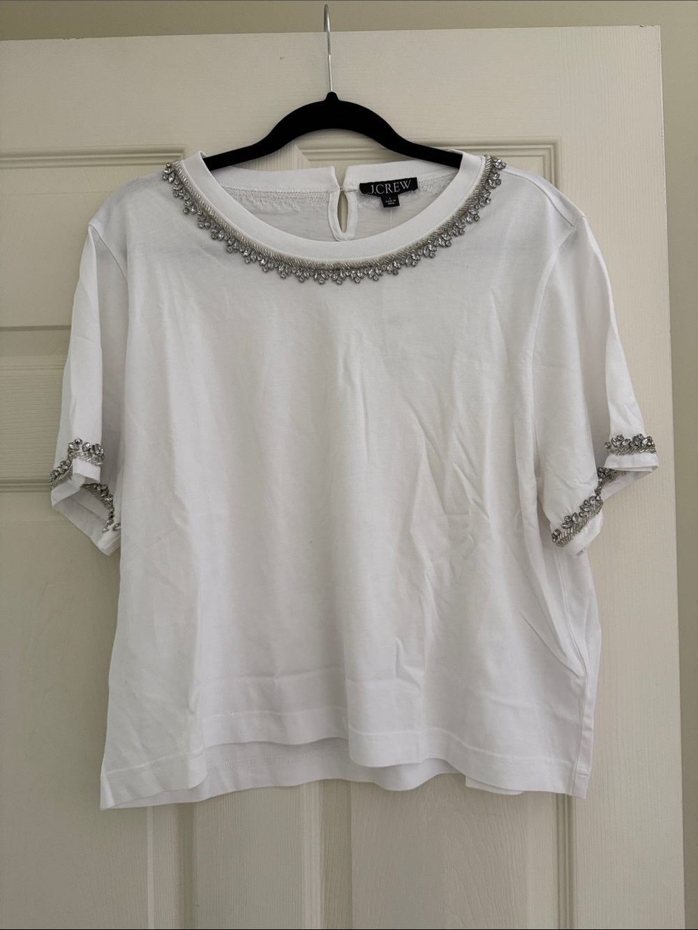 J. Crew White Short-Sleeve Tee with Silver Bead Embellishment